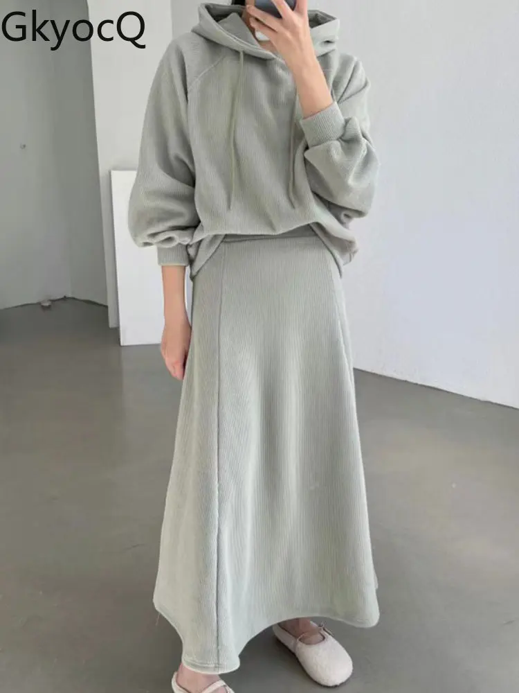 

Осенне-зимний простой Свободный пуловер с капюшоном на шнуровке, свитшот, костюм с большой юбкой с завышенной талией, Женский костюм из двух...