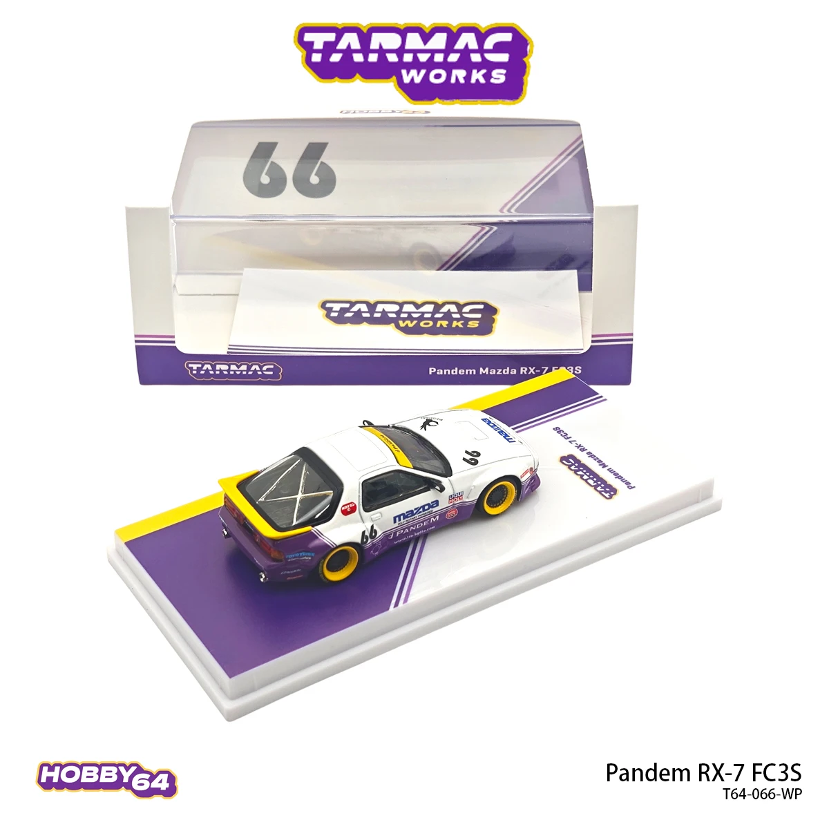 Фото В наличии: Коллекционная модель автомобиля Tarmac Works Hobby64 T64-066-WP 1:64 Pandem RX-7 FC3S, бело-фиолетово-желтая ливеринг-комбинация, ширококузовная, литая под давлением. №1
