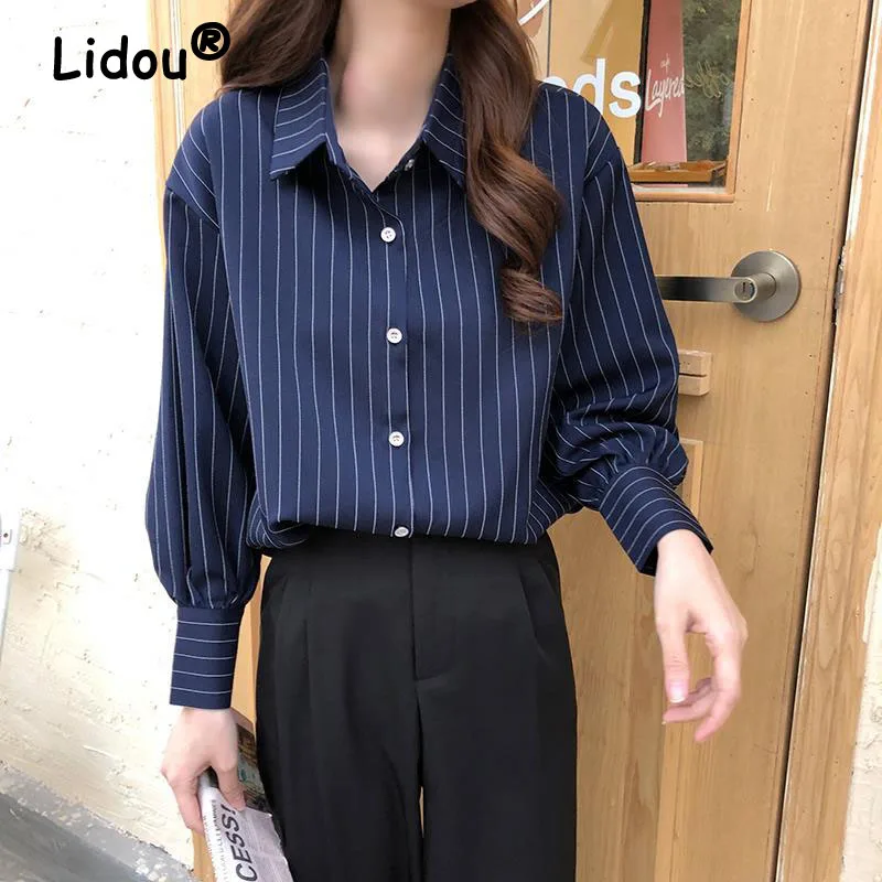

Spring Summer Women Stripe Fashion Blouses Tops Cardigan Long Sleeve Design Vintage Loose Urban Casual Female Blouse Shirt 2022