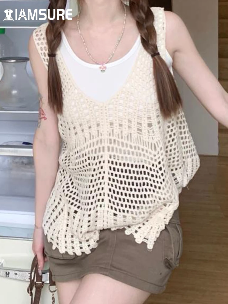 

IAMSURE Casual Solid Knitted Hollow Out Tank Tops See Through Basic Solid Sleeveless V-Neck Tanks Women 2022 Summer Fashion Lady