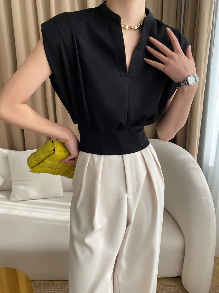 

T-shirt 2023 Summer New In Outwear Fashion Y2k Crop Top Short Tees Sleeveless Shoulder Pad V-Neck Women's Clothing Vintage