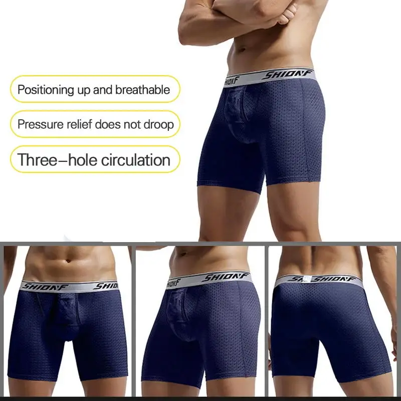 Men Ice Silk Breathable Long Boxers Cuecas Homme Health Care Pouch Underpants Sexy Penis Pouch Boxer Shorts Mesh Underwear