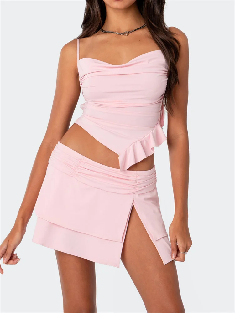 

CHRONSTYLE Ruffles 2pcs Set for Women Sleeveless Strap Backless V-neck Ruched Camis Tops Side Split Mini Skirts Streetwear 2023