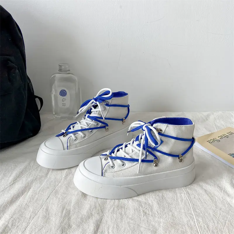 HOUZHOU High Platform Flat Canvas Blue Women's 2022 Spring New Casual White Vulcanize Shoes Sneakers Running Harajuku Rubber