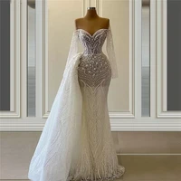mermaid wedding dress luxury off shoulder v neck appliques sequins bridal gowns detachable train floor length vestido de novia