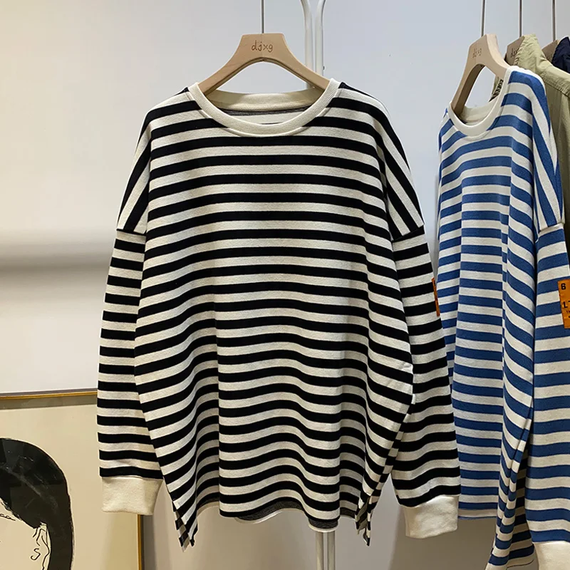 

Spring Autumn Casual Thin Tops Solid Color Striped All-Matched Pullovers Korean Style Trend Sweatshirts for 18-24 Years Old