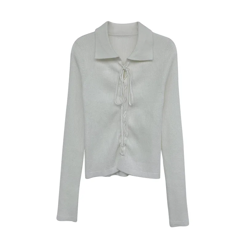

Cropped Rib Knit Lace Up Polo Cardigan Sweater Spring 2023