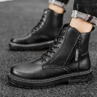 menleather boots mid cut solid color motorcycle boots round winter polyurethane zipper mens short boots with flat heel 2021