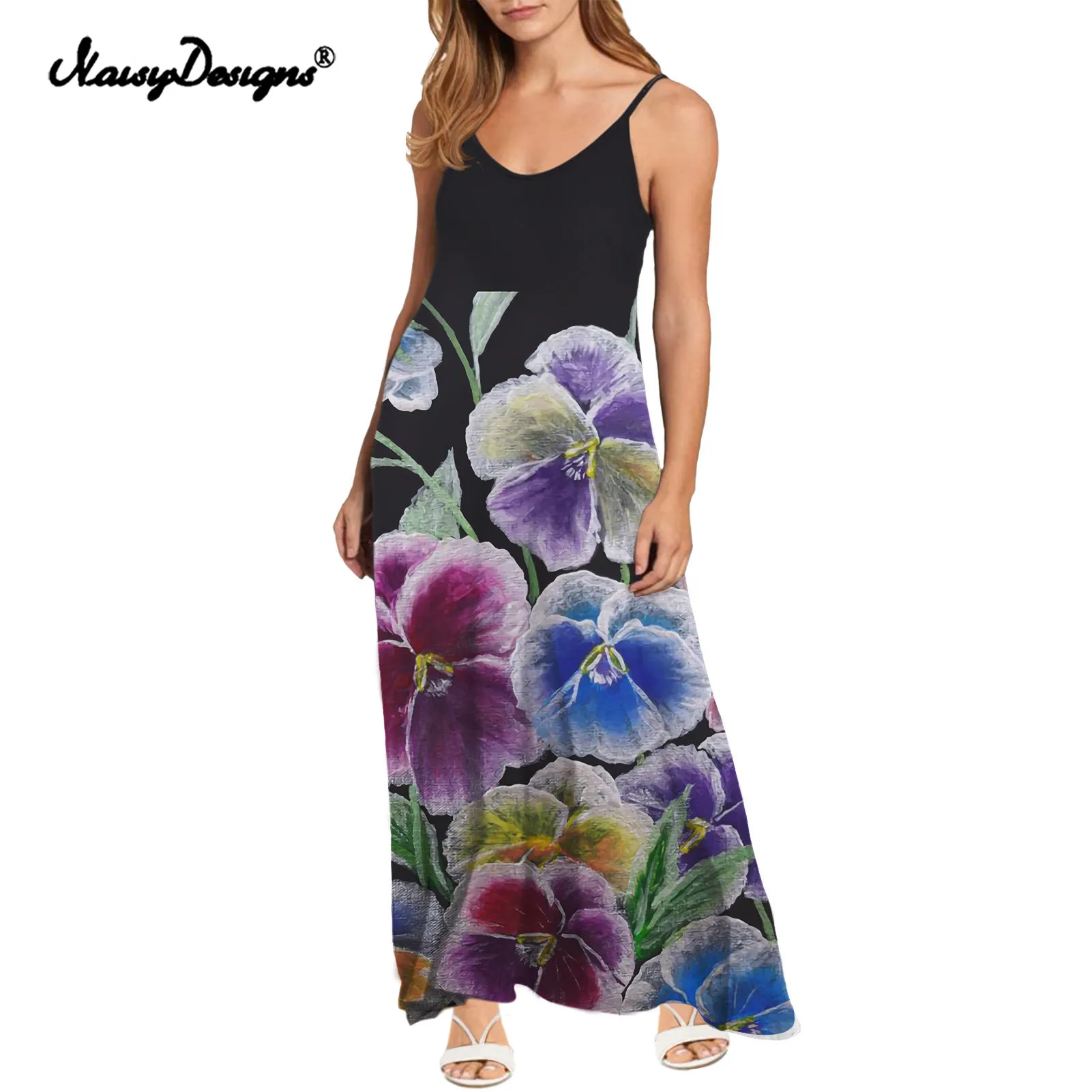 Noisydesigns Women's Dress Sling Strap Dresses Pansy Flowers Pattern Black Summer Dress Ropa Mujer Sukienki Letnie Robe Femme