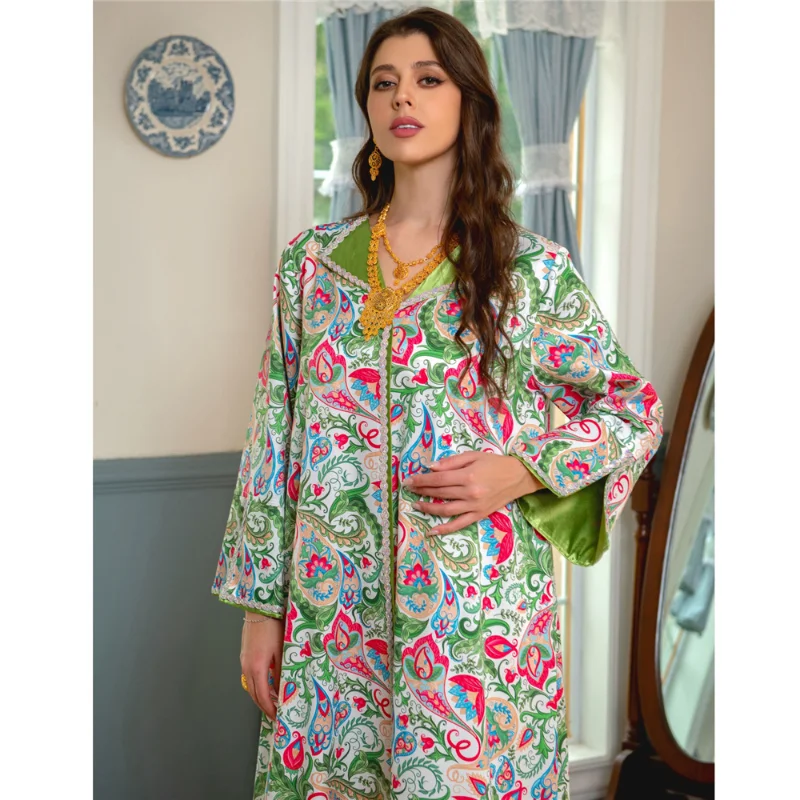 Morocco Evening Dresses for Luxury Women Muslim Print Abayas Long Dress Turkey Islam Kaftan Robe Dubai Jalabiya Eid Ramadan Gown