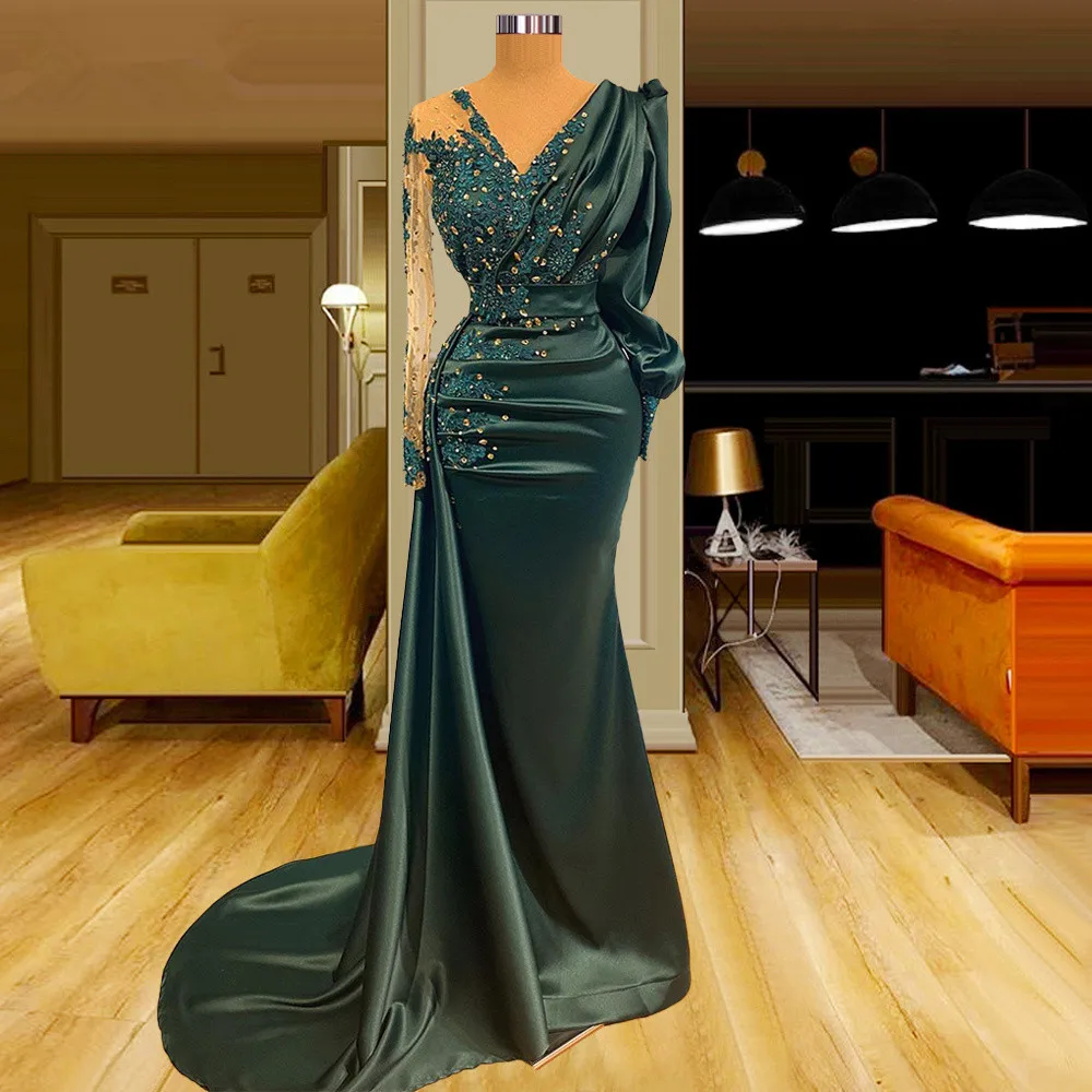 

Женское вечернее платье-русалка, длинное бисерное платье с длинными рукавами и аппликацией из бисера в стиле Дубаи и Саудовской Аравии, для ...