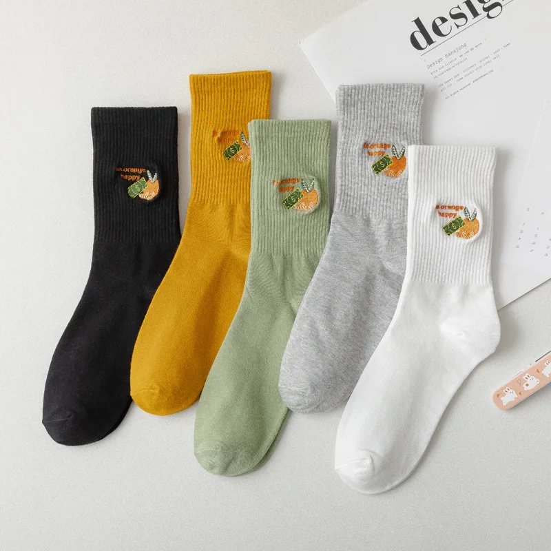 

Ribbed Woman Sock Creative Embroidery Women Cotton Socks Solid Casual Sox Girl Fashion Sweet Soft Spring Autumn Trendy Skarpetki