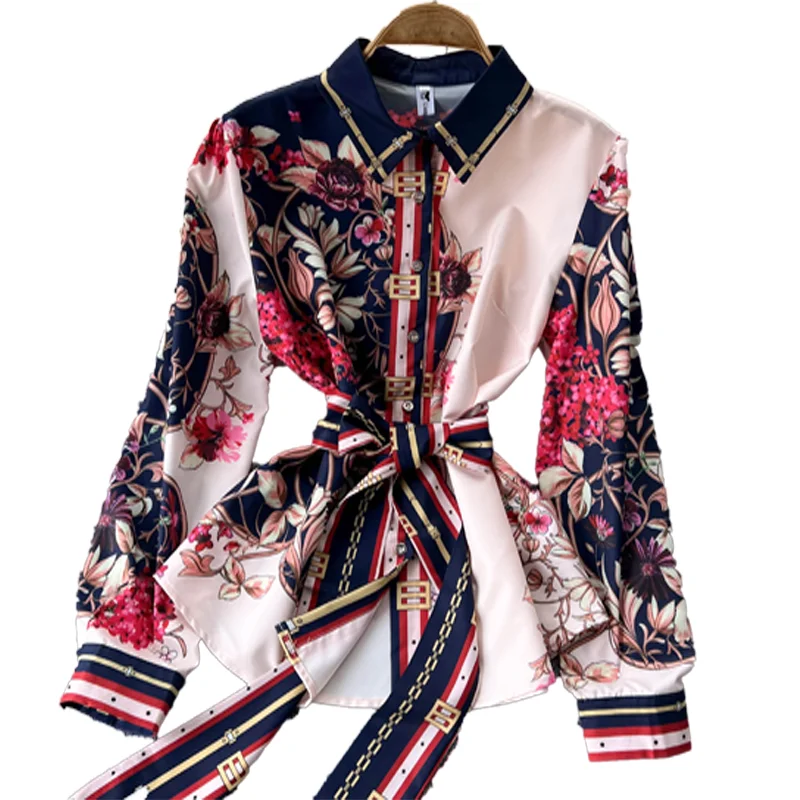 

Women Runway Shirts 2022 Fashion Lace Up Bow Floral Print Patchwork Elegant Long Sleeve Blouse Shirt Ladies Workwear Office Tops