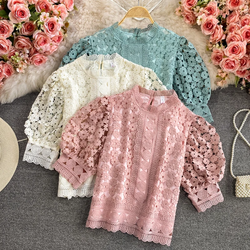 

Chic Hook flower hollow Lace Blouse Women Tops 2022 Summer Vintage Puff Sleeve Blouses Shirts Woman Elegant Fashion Blusas
