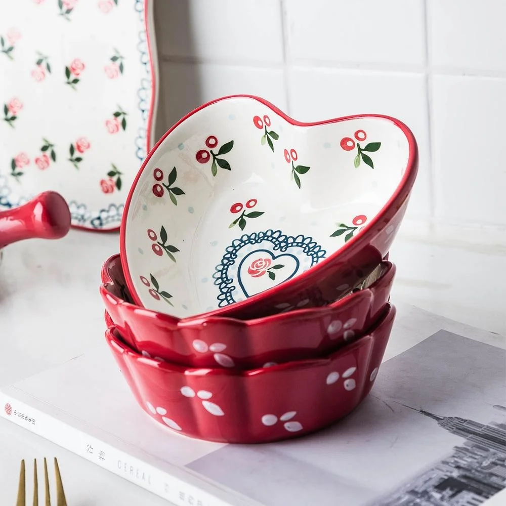 

Cherry Ceramic Bowl Heart Round Shape Fruit Salad Porcelain Bowl Kids Cutlery Breakfast Rice Tableware Dessert Noodles Bowl