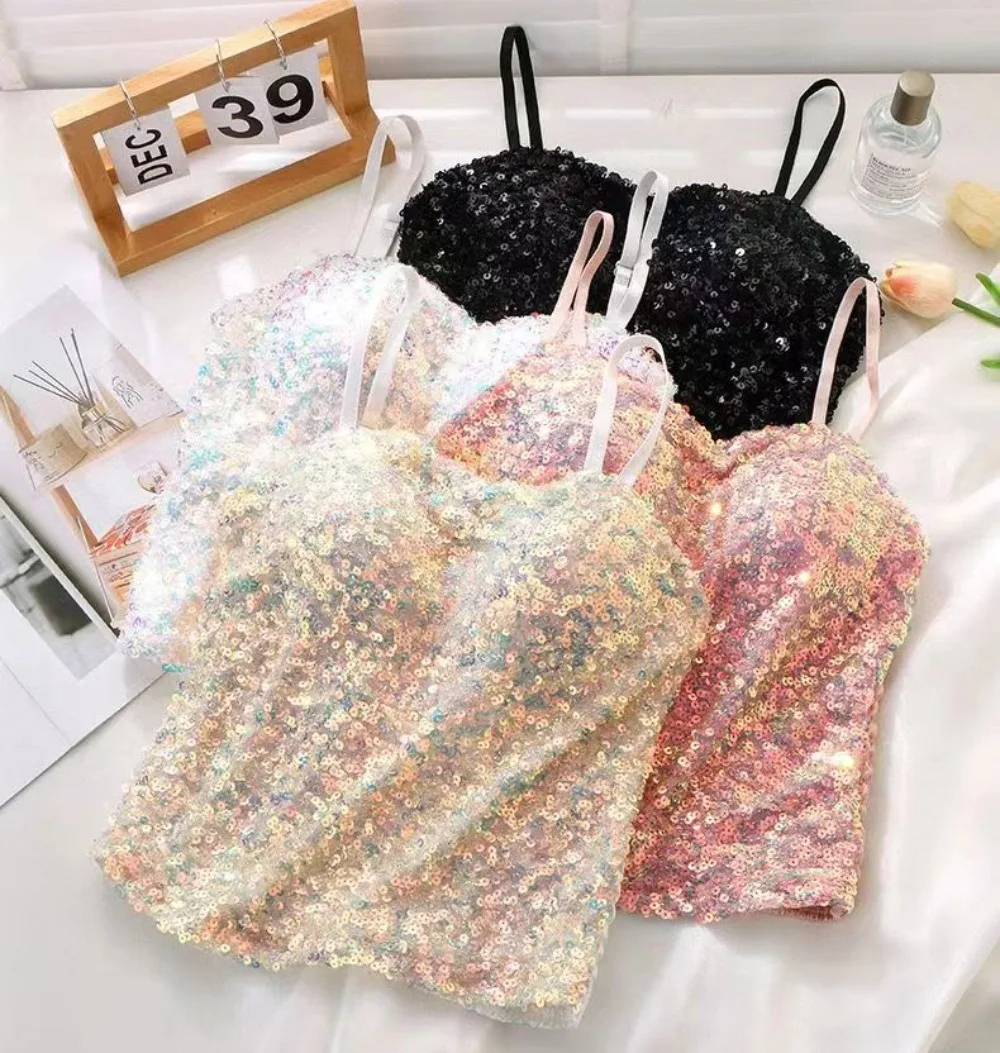 Женский бюстгальтер с блестками летний топ розового белого и черного цветов 2024