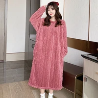 casual all match simple long sleeved solid color nightdress autumn and winter new style plus velvet thick coral fleece pajamas
