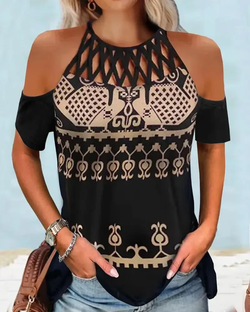 

Women Cold Shoulder Top Vintage Tribal Print Hollow Out T-Shirt Fashion Casual Daily Outfit Streetwear