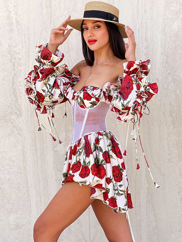 

2023 Women Dress Sexy Boat Neck Floral Print Bohemian Beach Dress Ruffle Long Sleeve A Line Mini Dress Bubble Long Sleeve Elegan
