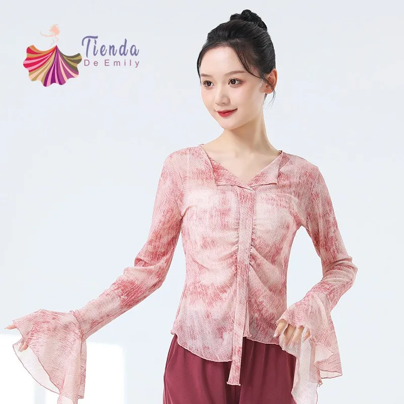 Топ женский для танцев из вискозы с длинным рукавом и V-образным вырезом