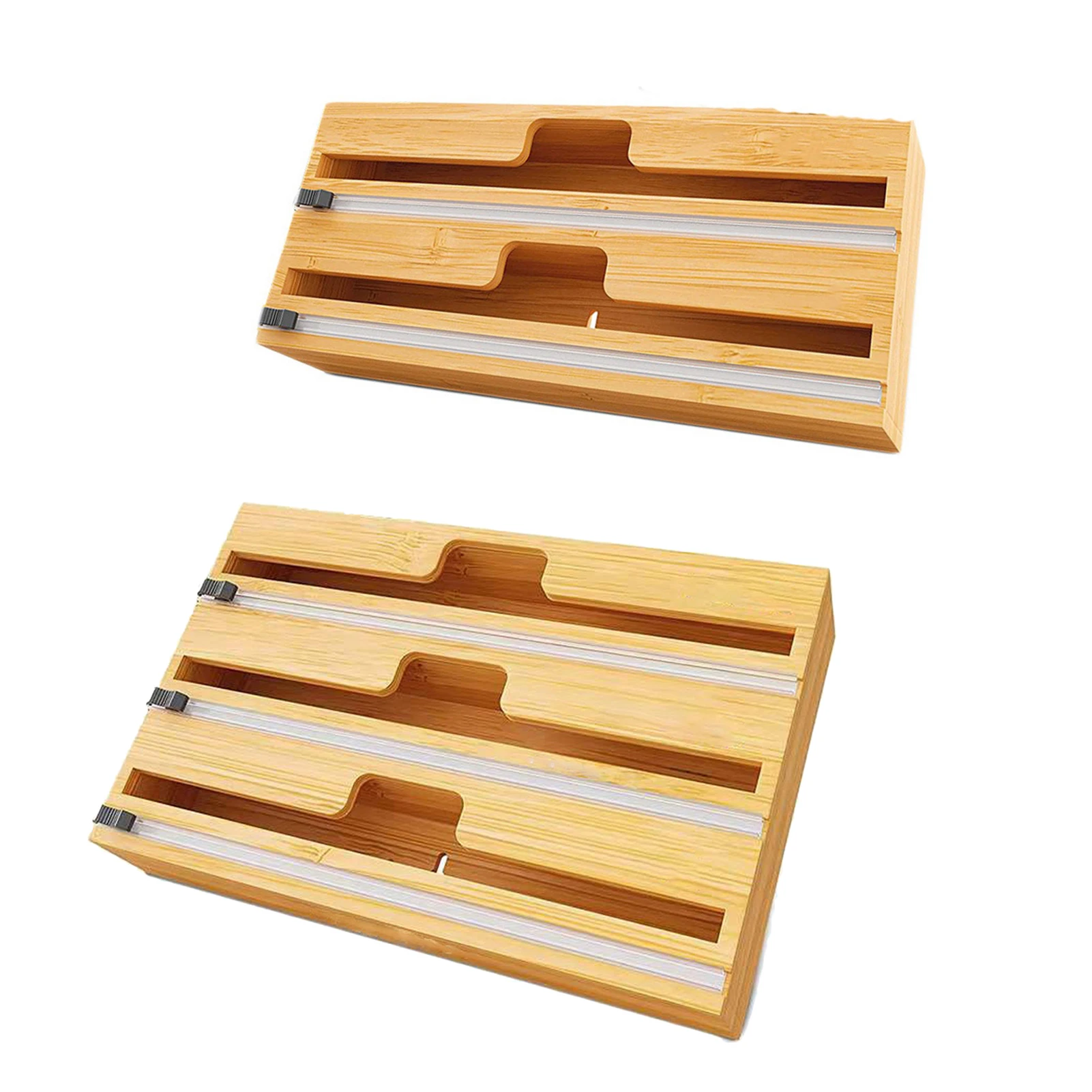 

3 IN 1 Bamboo Wood Plastic Wrap Dispenser Food Wrap Cling Film Storage Organizer Kitchen Plastic Aluminum Foil/Wax Paper