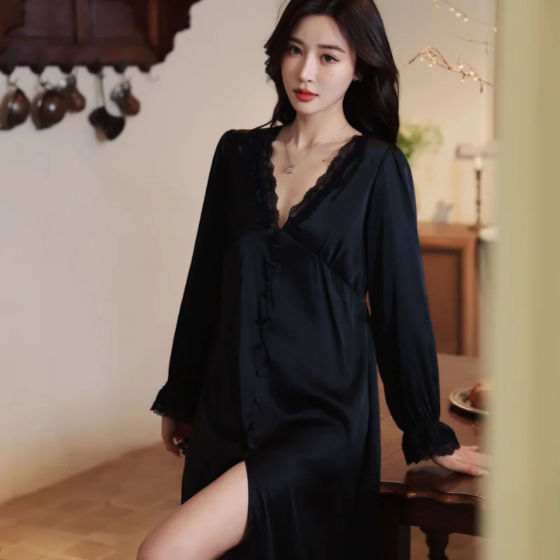 Ice Silk Pajamas Dress Lace Sexy Long Vintage Nightdress Snow Silk Long Skirt Sleepwear The Sexy Clothes for Sleep Nightgown