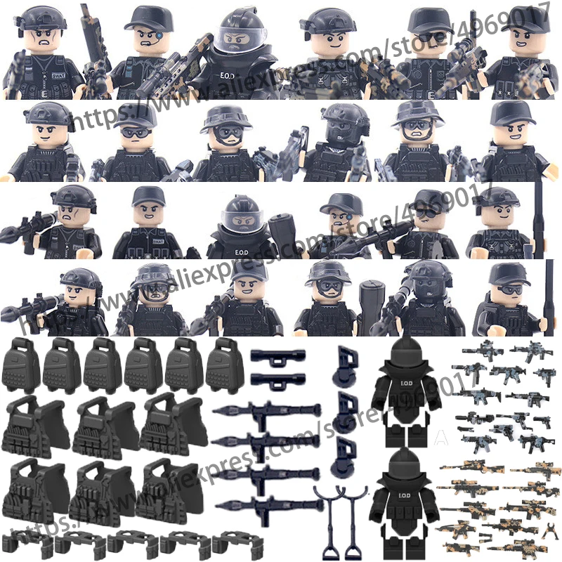 Figuras de fuerzas especiales, bloques de construcción, soldado militar moderno, accesorios de arma, mochila, chaleco, cinturón, bloques, juego de juguete para niño D355