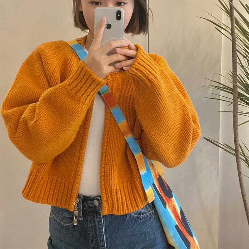

Классический теплый вязаный свитер с отложным воротником, куртка, теплый шерстяной кардиган для ленивых, вязаная куртка, Женский оранжевый короткий костюм, куртки