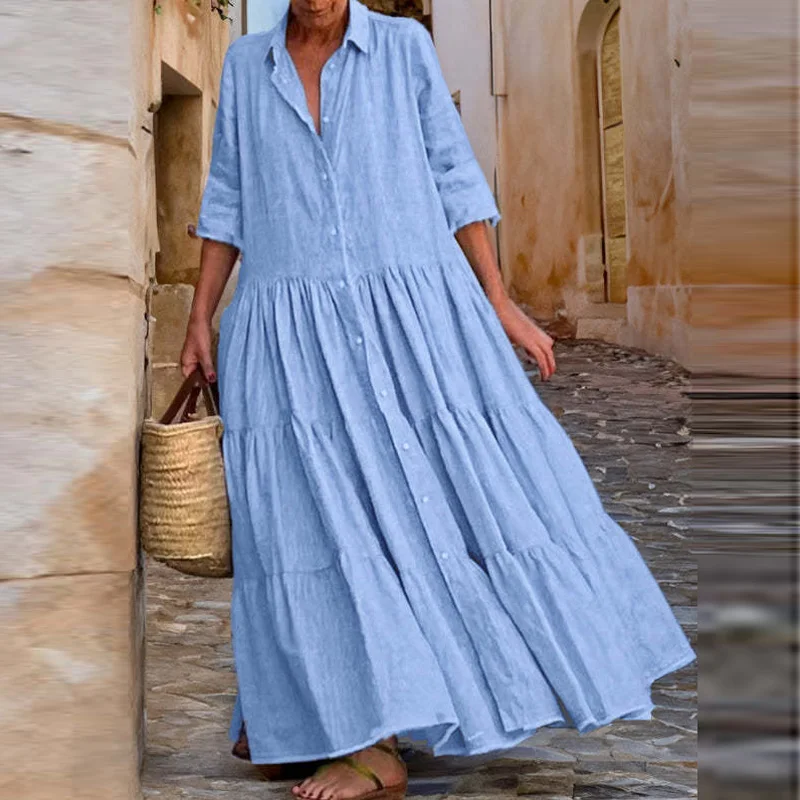 

Однотонная женская рубашка, пляжный халат, ретро, женское модное повседневное платье в стиле бохо, Длинное свободное платье с отложным воротником и складками в стиле пэчворк