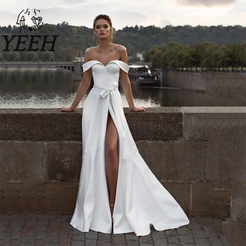 

YEEH Off-the-shoulder A-line Wedding Dress Crepe High Slit Gown with Ribbon Floor-length Vestidos De Noiva for Women 2023