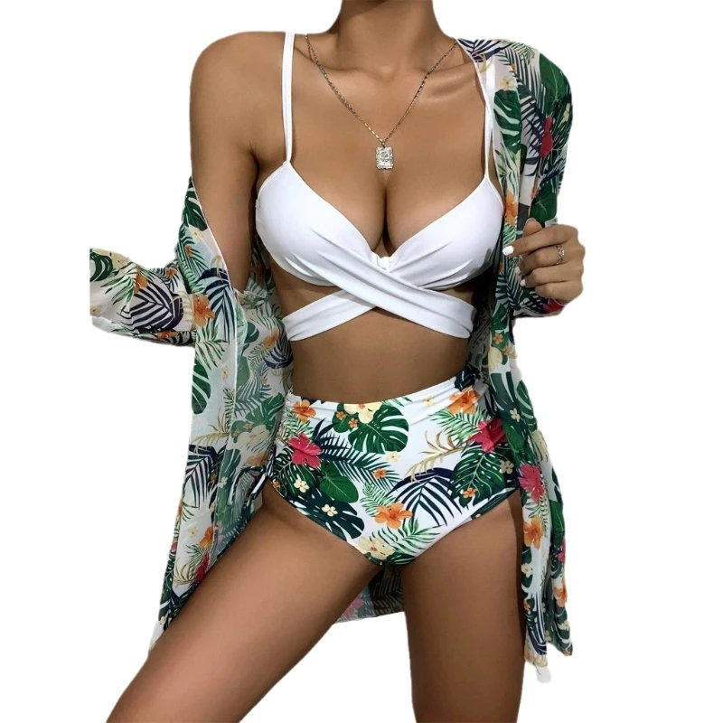 

High Waisted Bathing Suits for Women Bikinis Female Floral Print Swimwear 3 Pieces Swimsuits Beachwear