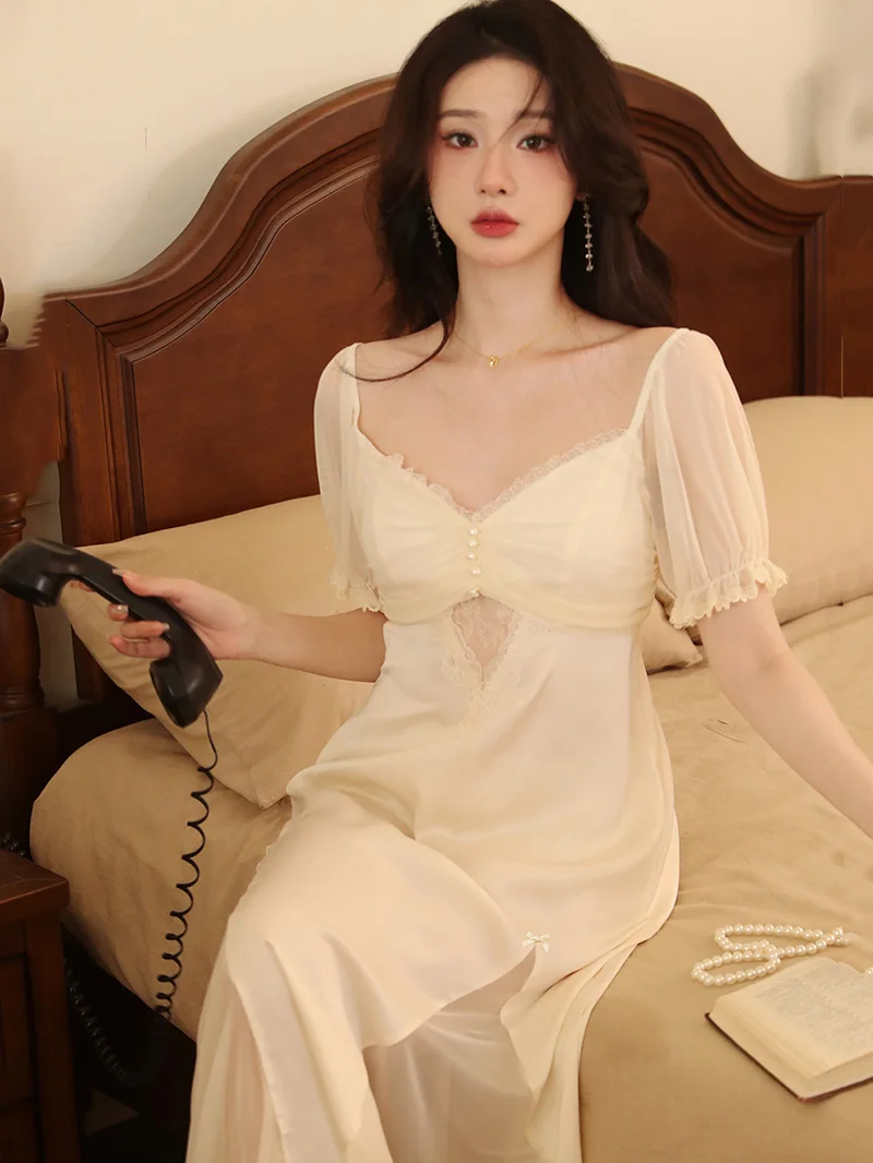 Women Short Sleeve Sweet Fairy Night Dress Pajama Nightgowns Sexy Silk Ruffles Mesh Victorian Princess Sleepwear Loungewear