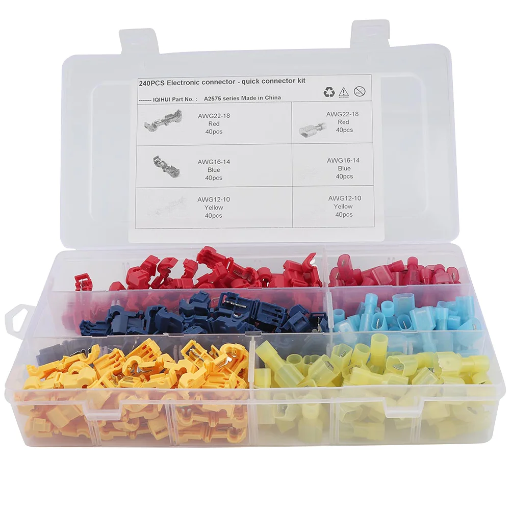 

240pcs T-tap Wire Terminal Nylon Self-stripping Insulated Terminal Connector Disconnects Kit for Crimping Wiring