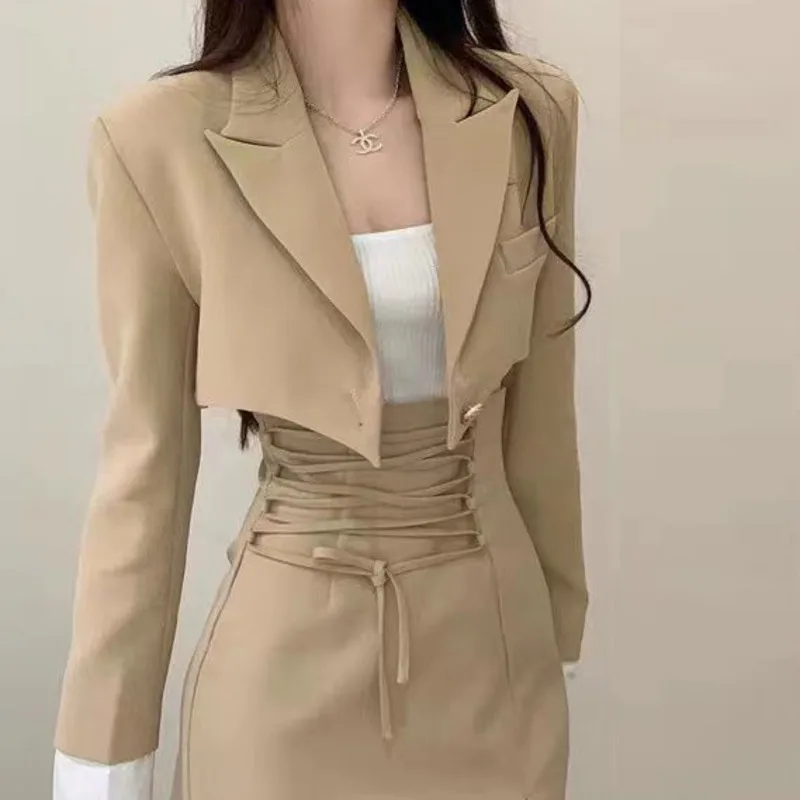 

Women High Street Short Lapel Jacket Vintage Temperament Elegant Slimming High Waist A-line Skirt Fashion Summer 2022 New