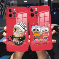 tempered glass phone cases couples cartoon the owl for iphone 12 13 mini 11 12 13 pro max lovely red glass protective sleeve