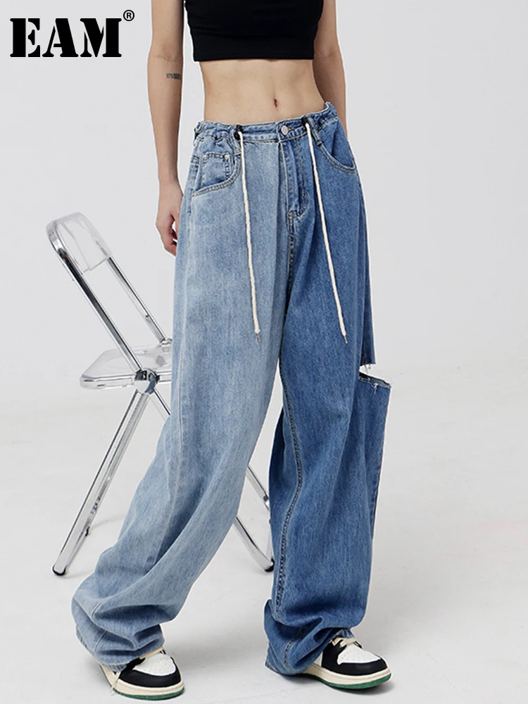 

[EAM] женские джинсы с высокой талией, с синими дырками, с цветными блоками, с длинными широкими штанинами, новые свободные женские брюки, модн...