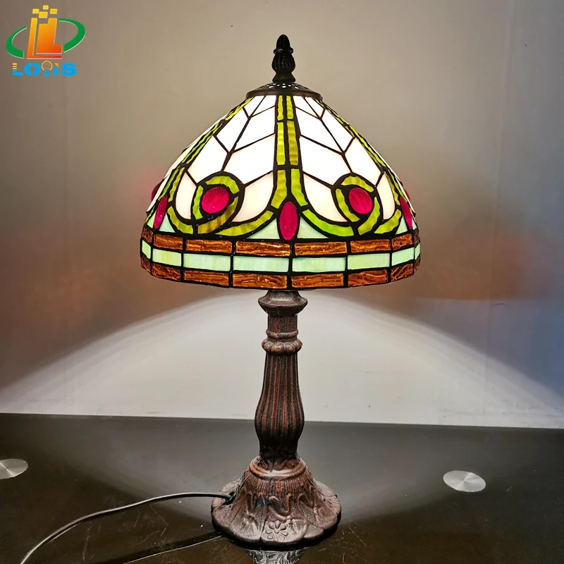 8 "European Red Beads Glass Small Table Lamp Tiffany Style Alloy Base E27 Study Reading Bedroom Bedside Lamps Gifts Antique Art