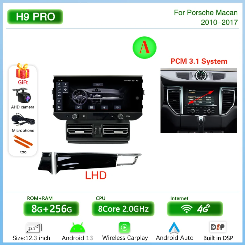 

12,3-дюймовый автомобильный мультимедийный видеоплеер для Porsche Macan 2010-2017 GPS-навигация Android12 Радио стерео Carplay 4G wifi 360Camera