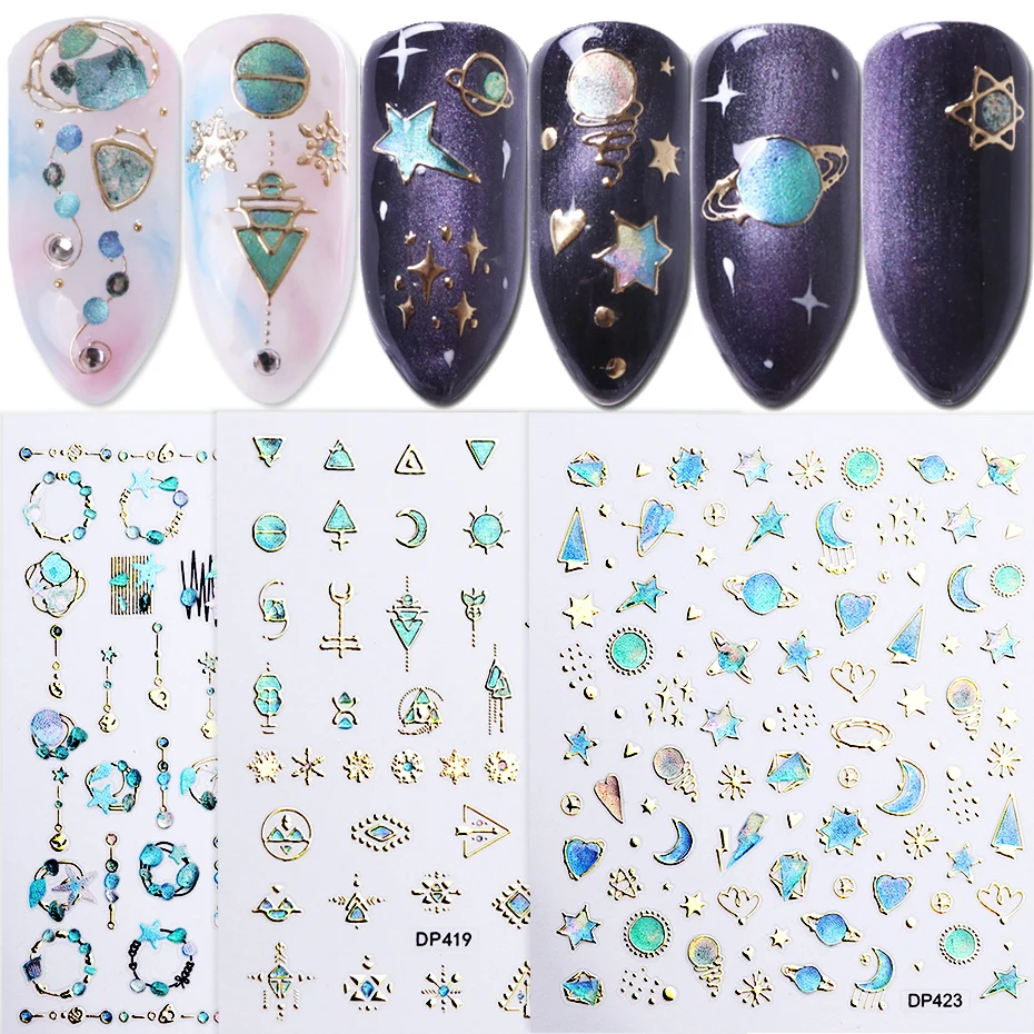 

3D Embossed Nail Sticker Bronzing Galaxy Geometry Flower Jewelry Star Slider Gold Nail Decals Nail Art Decoration SADP413-424