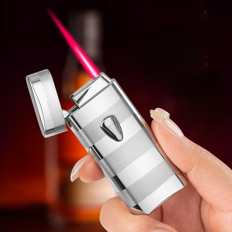 New Ultra Thin Striped Butane Inflatable Lighter Highpressure Jet Red Flame Windproof Lighter Cigar Moxibustion Barbecue Igniter