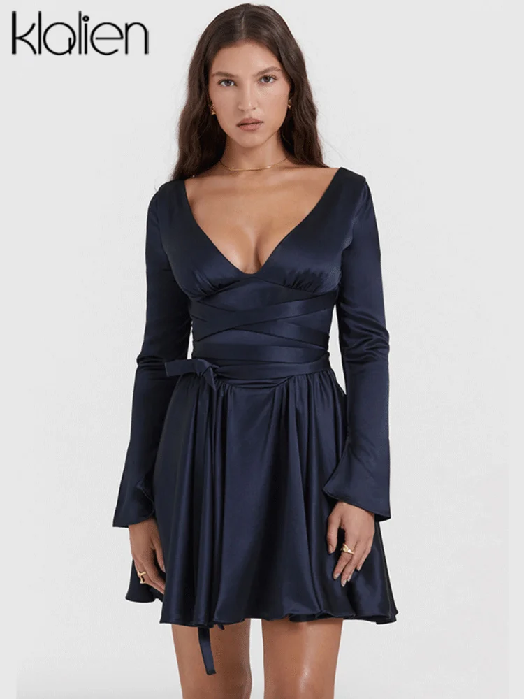 

KLALIEN Sexy Deep V-neck Party Club Mini Dress for Women Lace-up Ruched Slim Long Sleeve Short Dress Streetwear Evening vestido