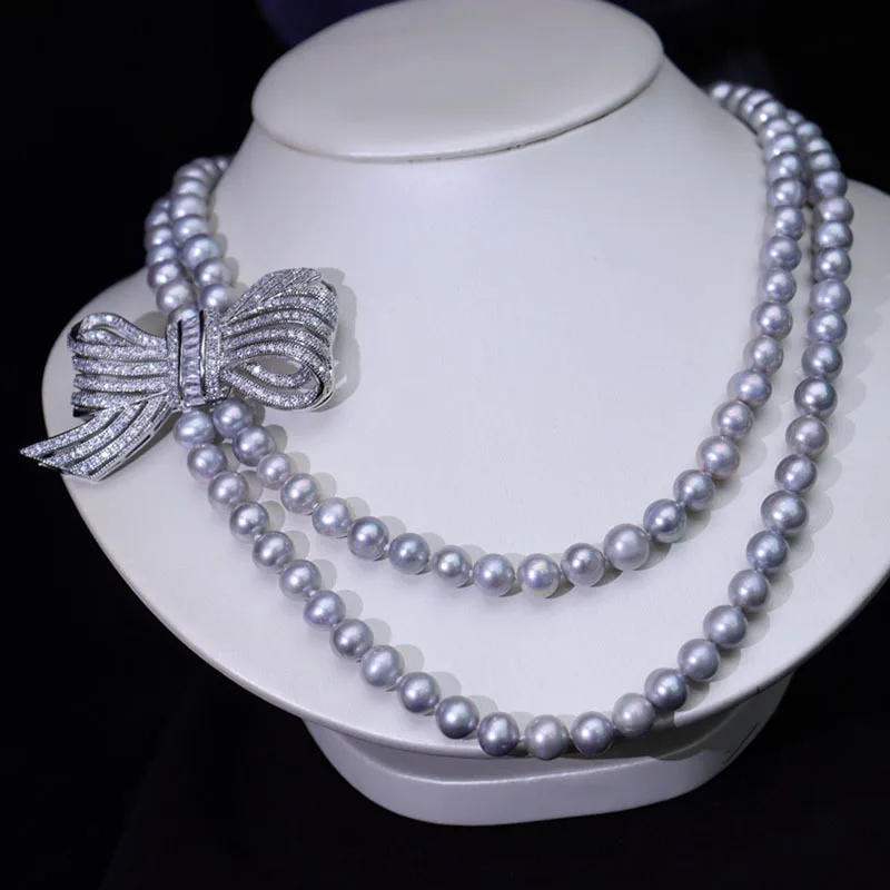 

2rows freshwater pearl gray near round 7-8mm +bowknot necklace 47-50cm FPPJ