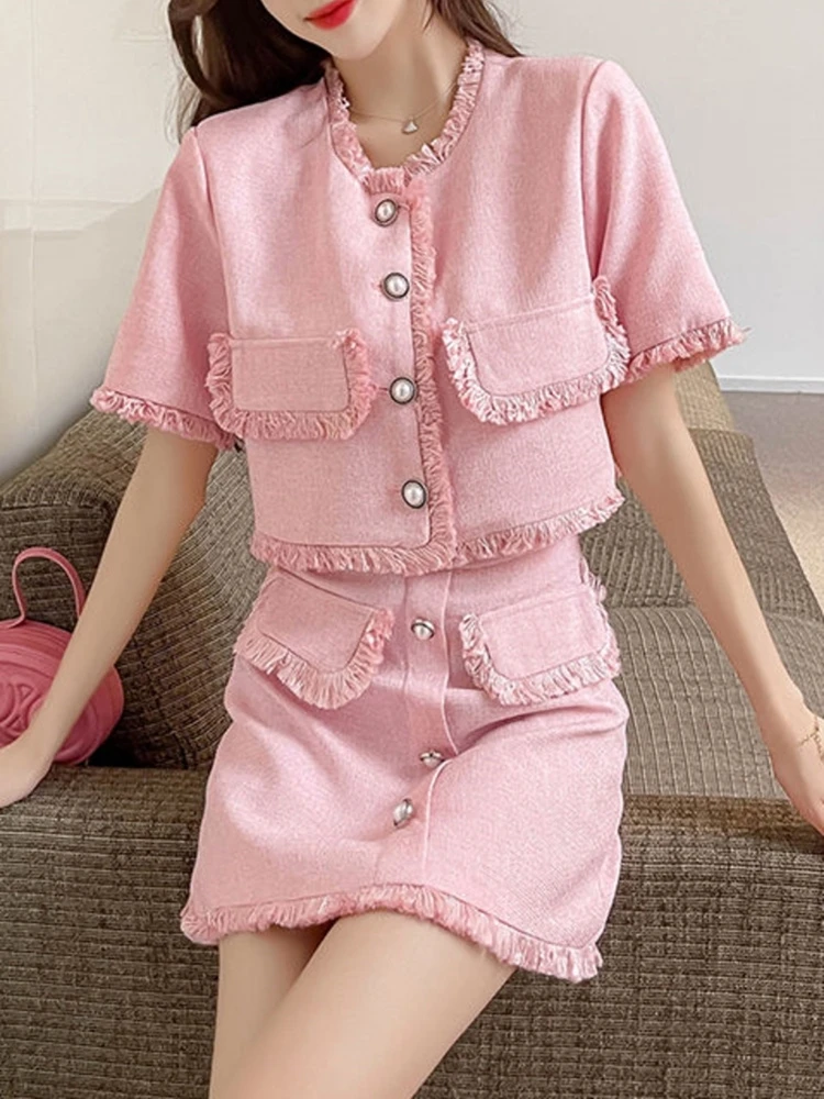 

Женский твидовый комплект из двух предметов, пиджак с коротким рукавом и бахромой и облегающая мини-юбка с высокой талией в Корейском стиле на лето