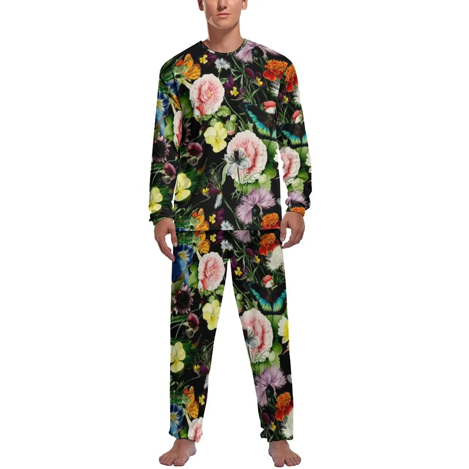 Colorful Flower Print Pajamas Daily Bird and Butterfly Sleep Nightwear Men Two Piece Custom Long-Sleeve Cute Pajama Sets