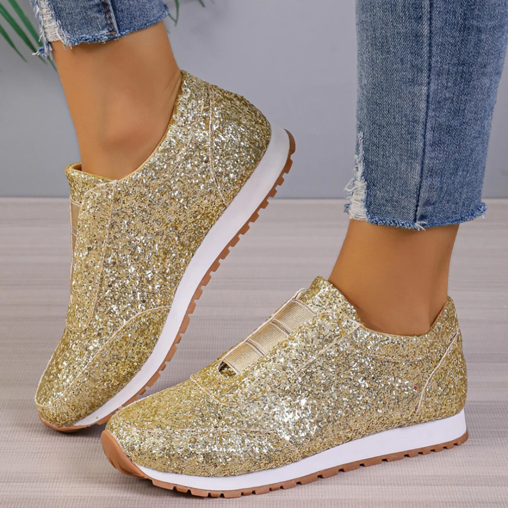 

Women Casual Glitter Shoes Mesh Ladies Sequin Flat Shoes Fashion Outdoor Lace Up Sneakers Comfort Non-slip Sport Running Shoes