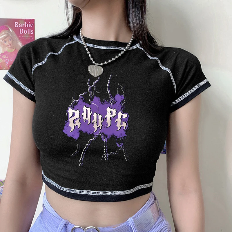 

Gothic lightning Print Tops Grunge Graphic T Shirt Vintage Indie Aesthetic Clothes Cyber Y2k Slim Short Sleeve harajuku clothing