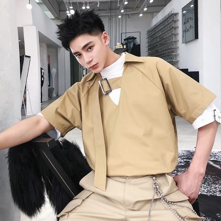 

HOT 2022 Summer New Short Sleeve Shirt Male Korean Trend Personality Casual Ribbon Fashion Loose Shirts Men High Quality Clothes