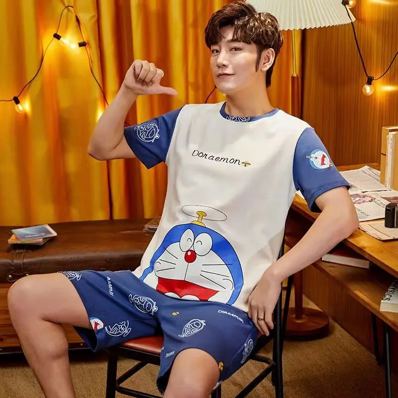 Men Carton Pajamas Set Short Tops with Shorts Japan Anime Pijama Home Clothes for Young Man Nightshirts Casual Pyjama Party Cozy