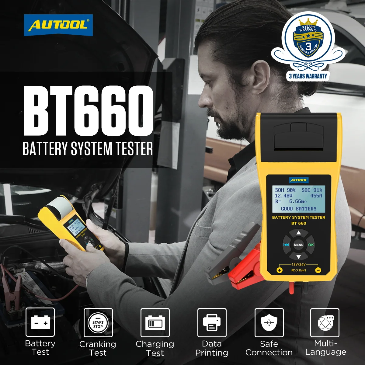 AUTOOL BT660 Car Battery Tester with Printer 12V/24V Load Tester Analyzer For Health Diagnostic When Vehicle Starting Charging