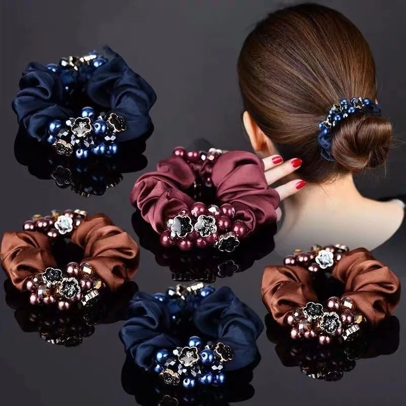 

Fashion Pearl Crystal Hair Rope Solid Color Silk Flower Hair Scrunchies Women Girls Ponytail Bun Hairband Headwear Accessories